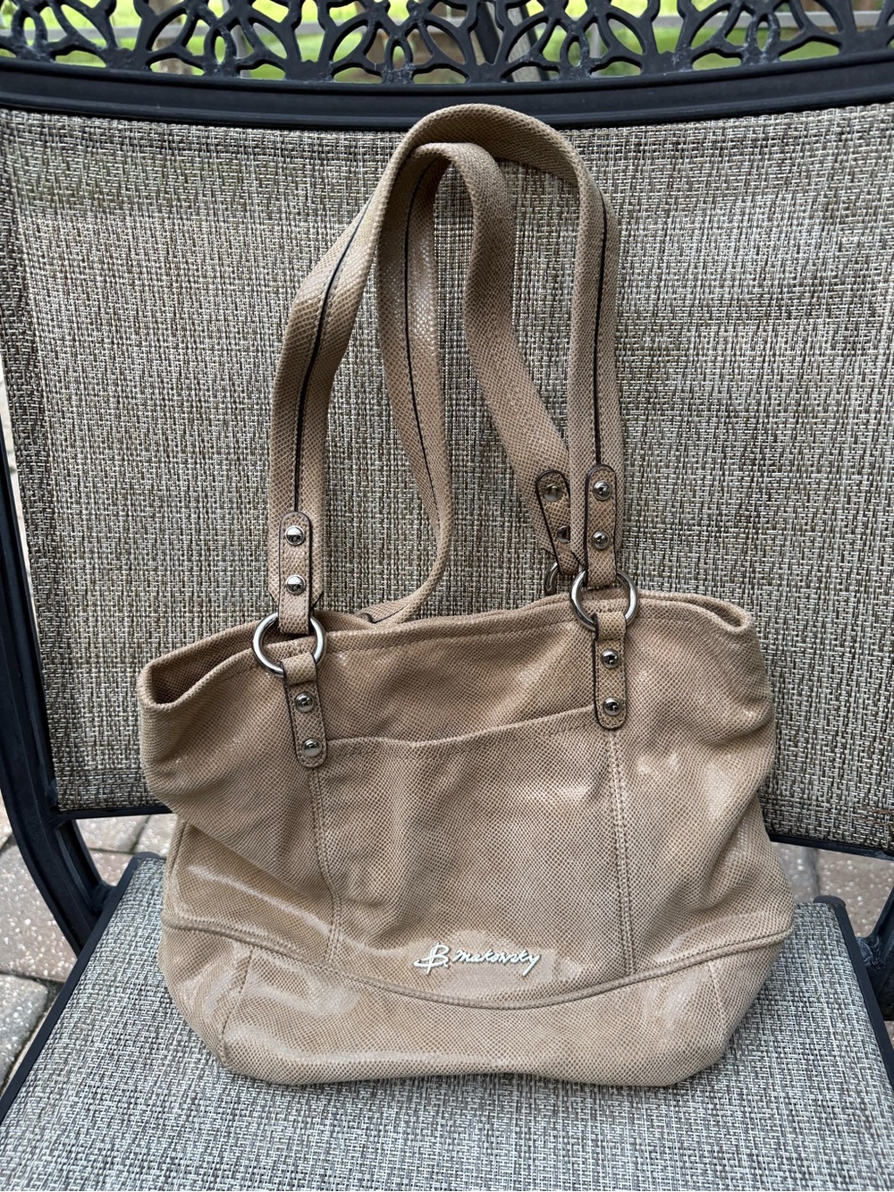 B Makowsky tan snakeskin Bag with Double Shoulder Straps